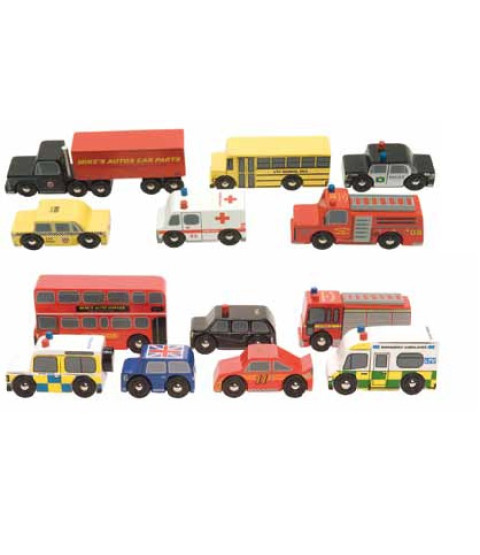 Retrobiler i træ, London & New York, 24 stk.