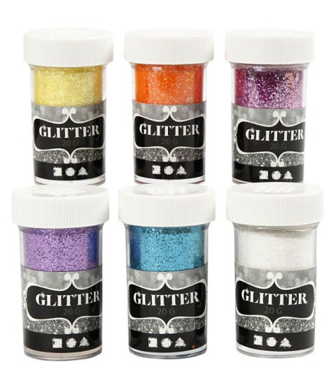 Glitter ass. farver, 6 dåser