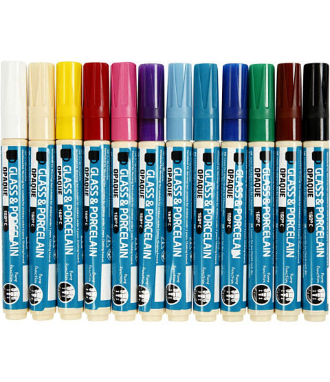 Glas- og porcelænstusch, stregtykkelse: 2-4 mm, 12 stk., ass. farver dækkende, ass. farver