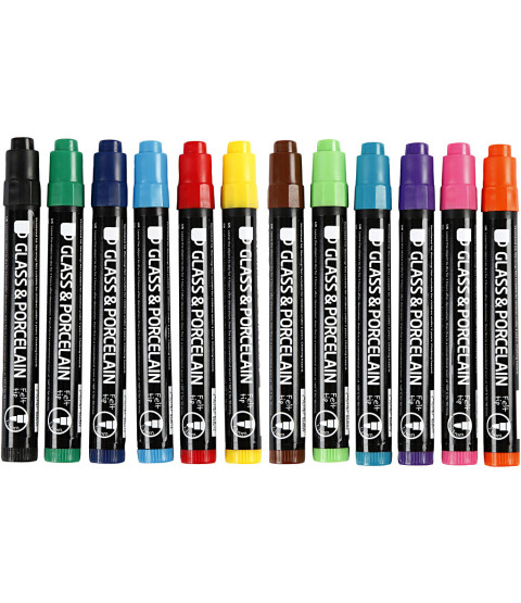 Glas- og porcelænstusch, stregtykkelse: 1-3 mm, 12 stk. halvdækkende