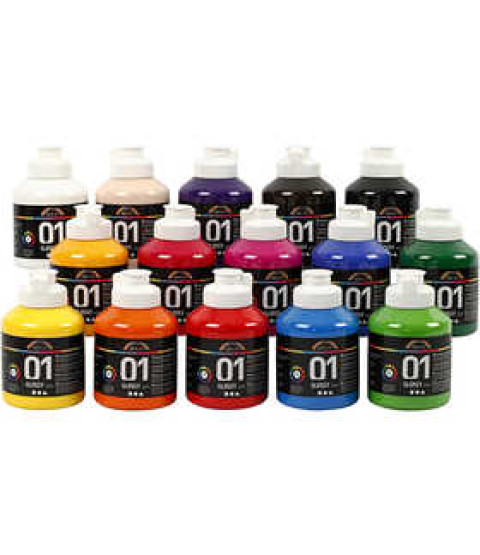 A-Color akrylmaling, 15x500 ml, ass. farver 01 - blank