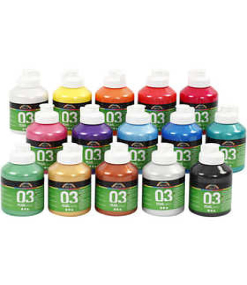 A-Color akrylmaling, 15x500 ml, ass. farver 03 - metallic, ass. farver