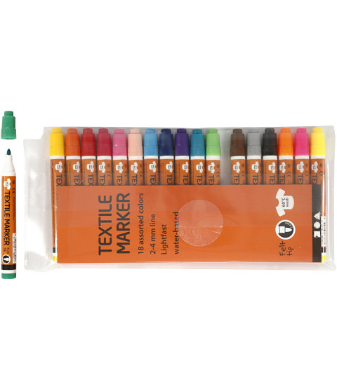 Tekstiltusch, 2-4 mm streg, 18 stk., ass. farver , ass. farver