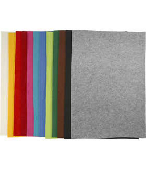 Hobbyfilt, ark 42x60 cm, tykkelse 3 mm, 12 ass. ark, ass. farver , ass. farver