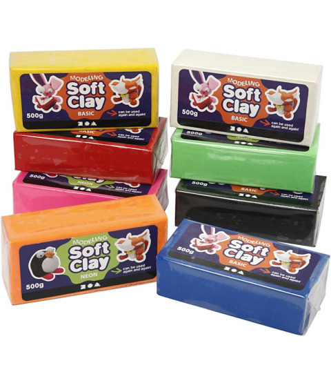 Soft Clay Modellervoks, str. 13x6x4 cm, 8x500 g, ass. farver , ass. farver