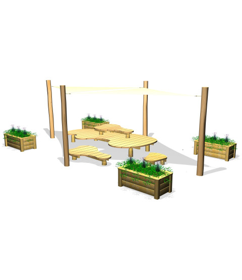 Opholdsrum med organiske bænke, solsejl oog plantekasser