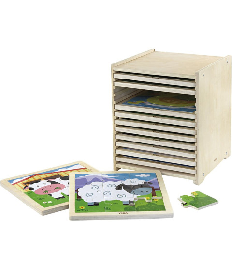 Puslespilsreol med 12 puslespil, 9 brikker