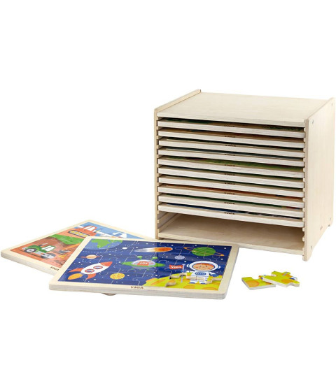 Puslespilsreol med 12 puslespil, 24 brikker