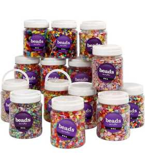 Plastperler, str. 6-15 mm, hulstr. 1,5-6 mm, 16x700 ml, ass. farver , ass. farver