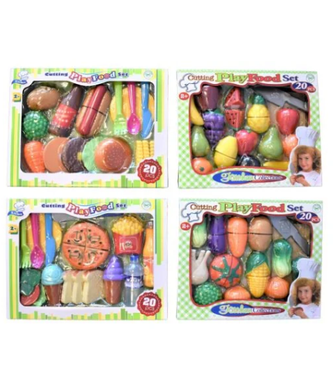 Legemad m/velcro, 4 ass pizza, burger, frugt & grønt - 20 dele