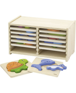 Puslespilsreol med 12 blokpuslespil