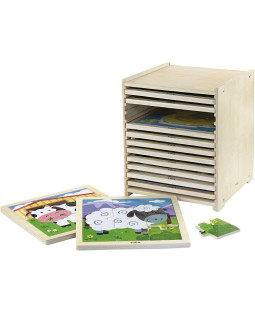 Puslespilsreol med 12 puslespil, 9 brikker