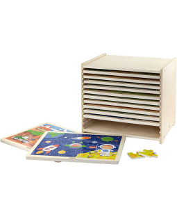 Puslespilsreol med 12 puslespil, 24 brikker